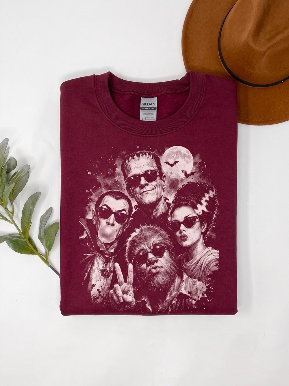 Cool Retro Monsters Sunglasses Burgundy Halloween Crewneck Sweatshirt